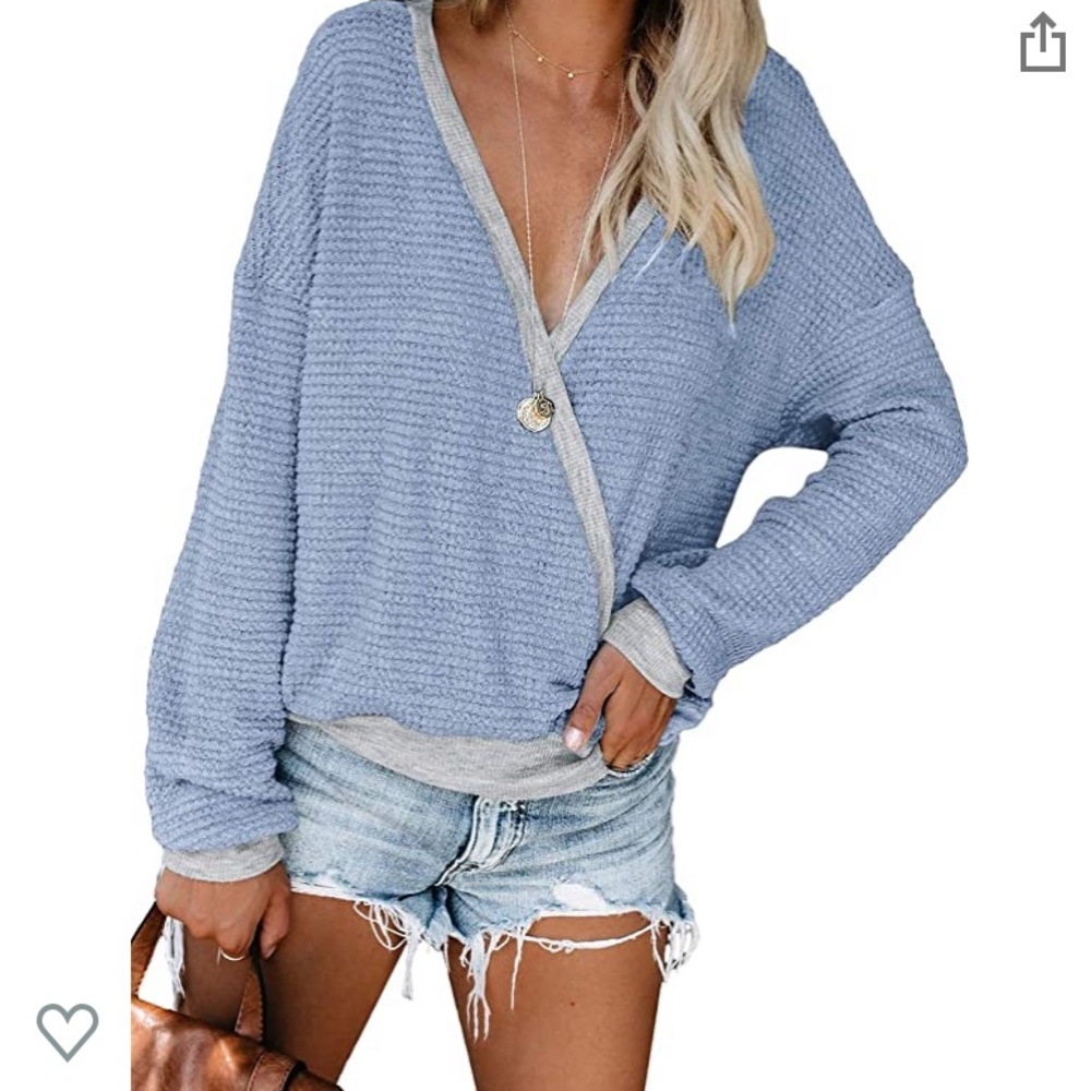 Womens Deep V Neck Long Sleeve Waffle Knit Sweater - Picture 2 of 3